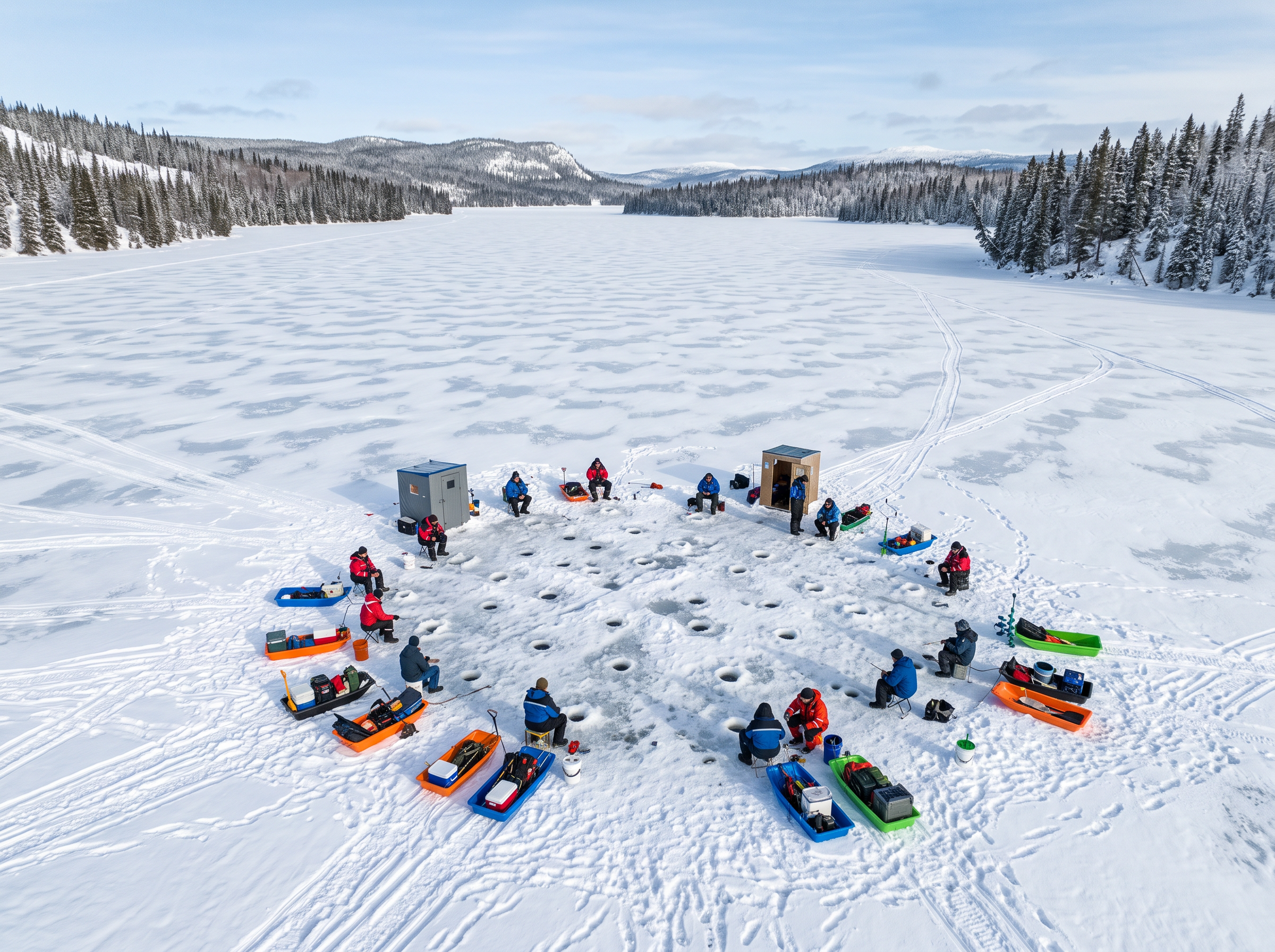 Group of ice fishermen on a large frozen lake