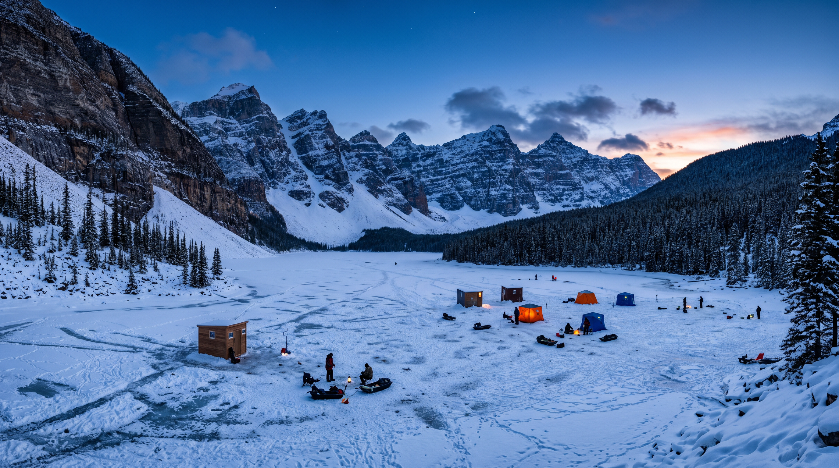 Panoramic frozen lake at twilight with ice fishing spots