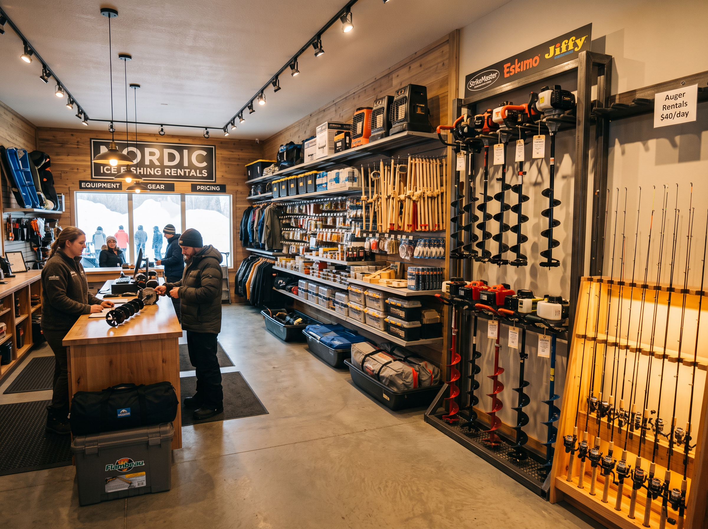 ColdBite ice fishing rental shop with professional gear on display