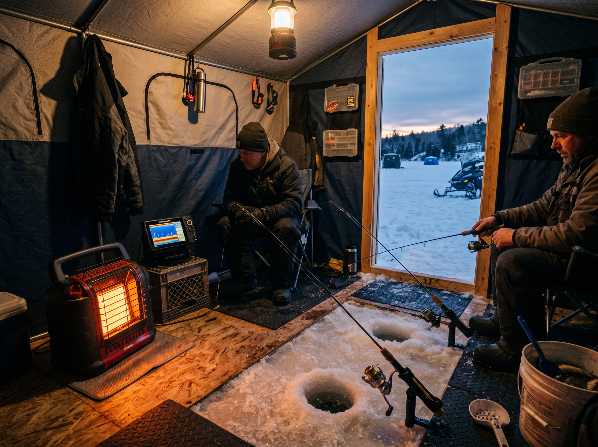 Inside cozy heated ice fishing shelter with equipment