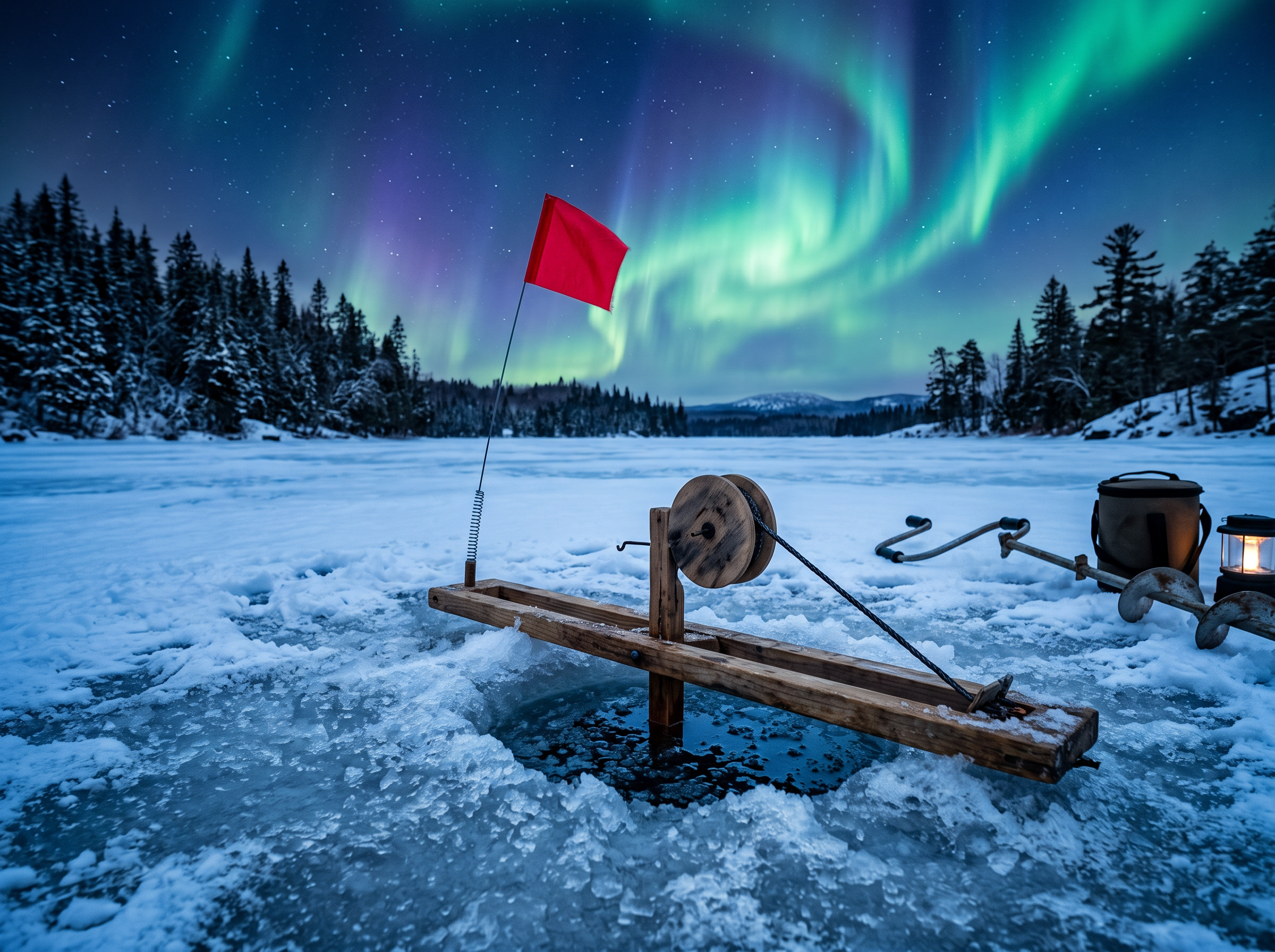Ice fishing tip-up device with aurora borealis sky